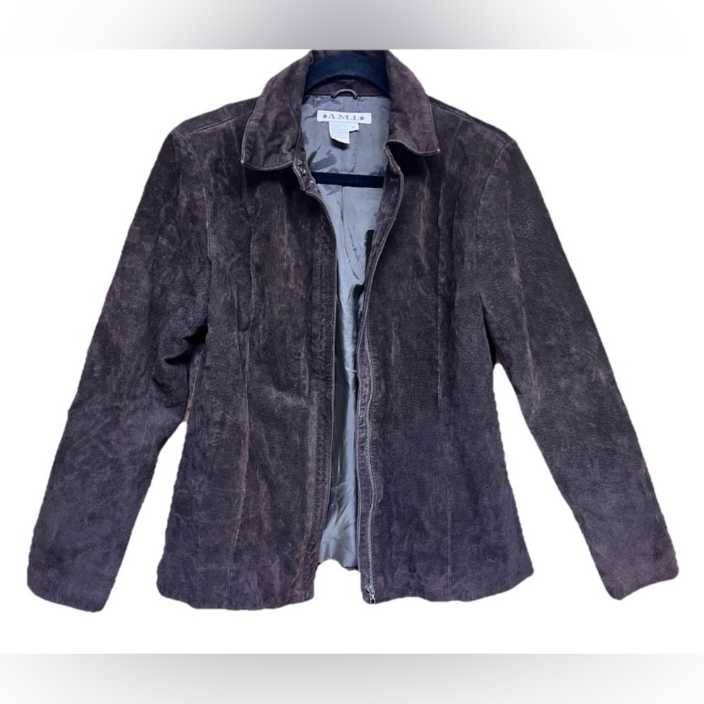 Y2K Women's Brown Suede 100% Leather Jacket Size M  A.M.I. Zip Up Front